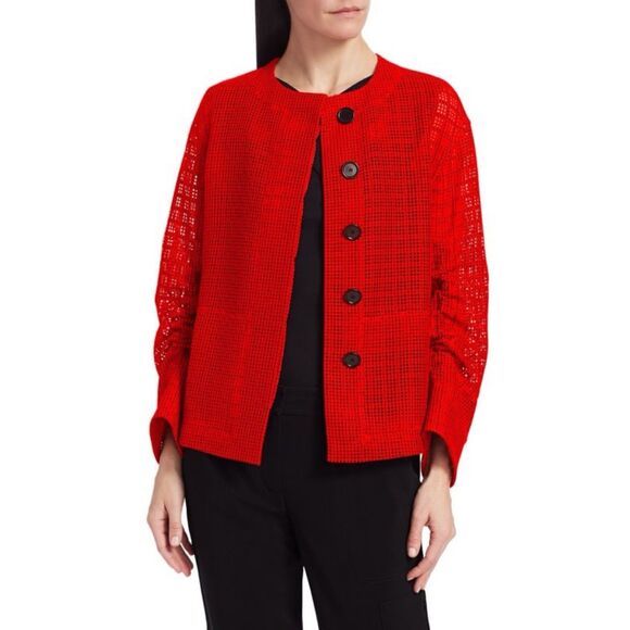 AKRIS Punto Mesh Grid Jacket Luminous Red Semi Sheer Adjustable Sleeve - Picture 1 of 16